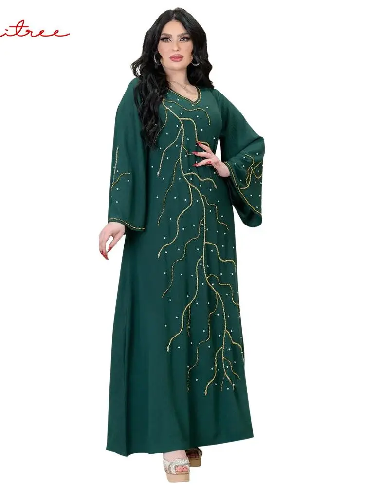 

Silky Muslim Dress Women Abaya Diamond Lace-up Party Dress Moroccan Kaftan Ensemble Femme Musulmane Scarf Hijab Vestidos wy1402