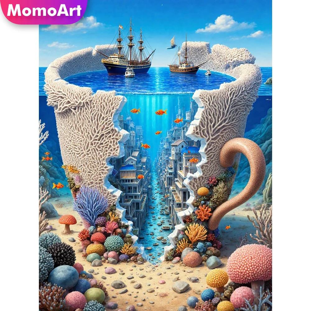 Momoart 5D DIY Diamant-Stickerei Haus Landschaft Abstrakt Mosaik Acryl Bastelbedarf Diamantmalerei Boot Wanddekoration