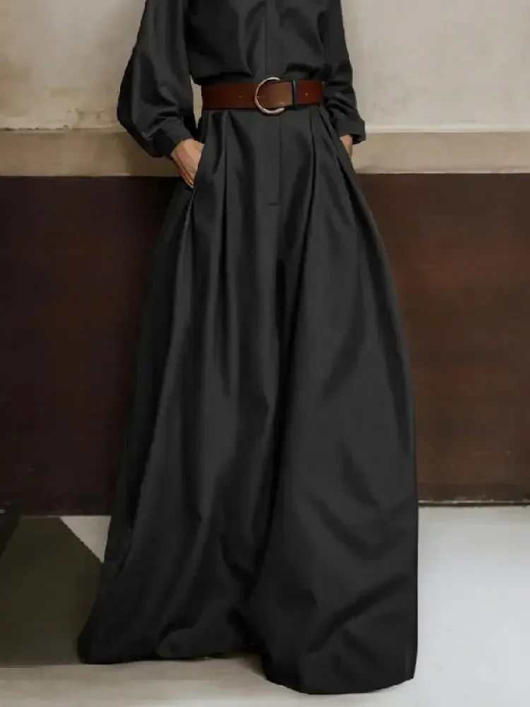 Beautyblue Jumpsuit Wanita leher V, Jumpsuit elegan mode longgar kancing lengan panjang warna Solid tanpa sabuk celana suar panjang 2024