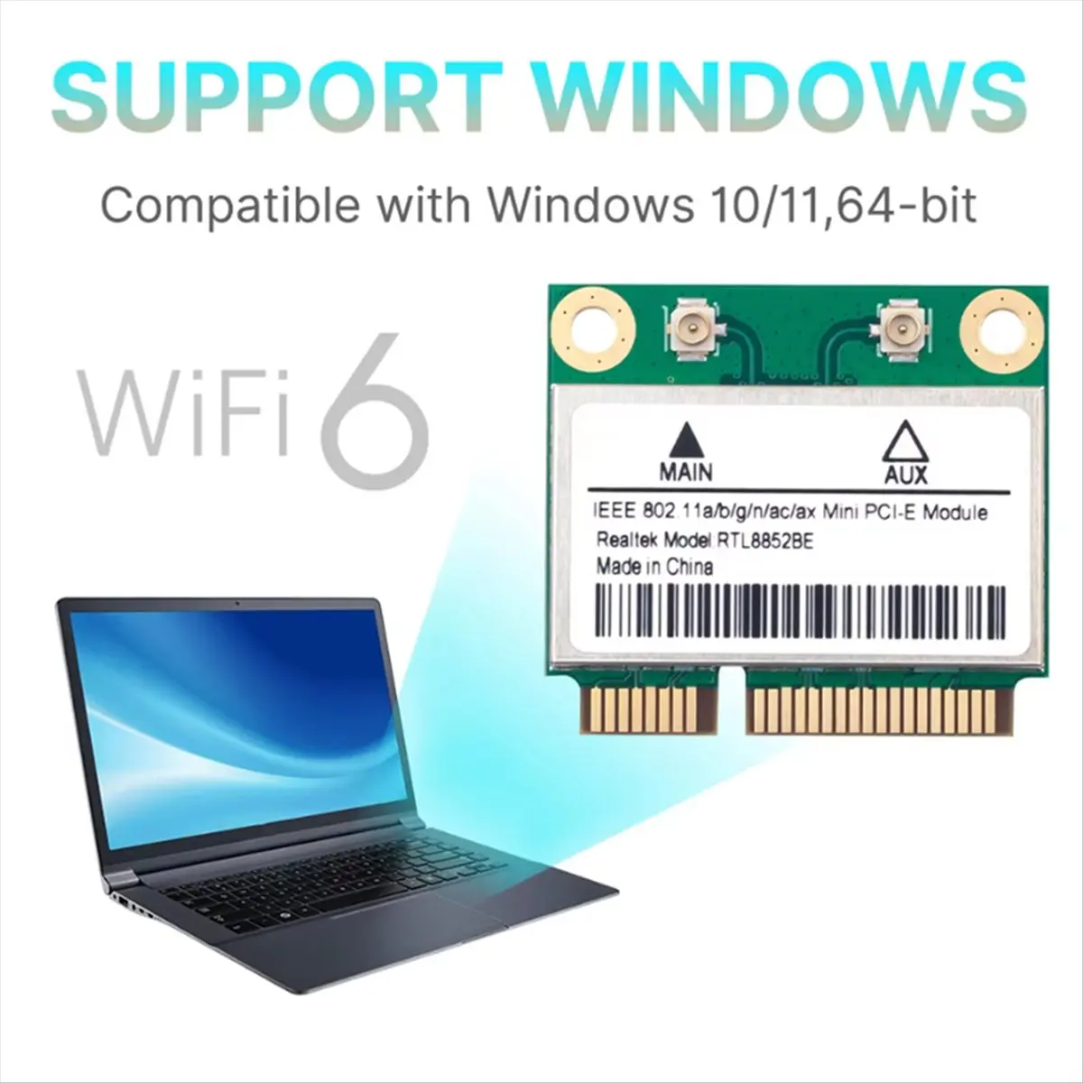 Stable- RTL8852BE WiFi 6 Network Card with 10DBI Antennas 1800Mbps Dual Band 2.4G/5GHz BT 5.2 MiniPCIe Interface for Win 10 11