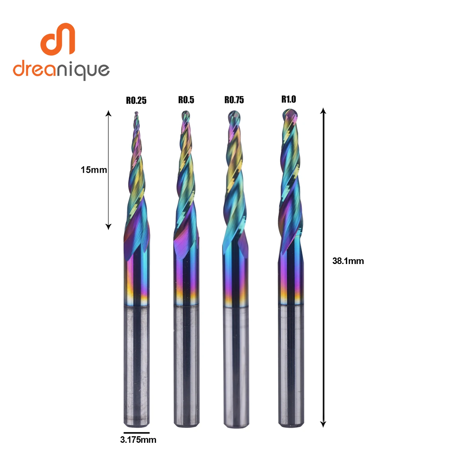 DREANIQUE 4 Stück/Set 2-Schneiden-Kugelfräser mit konischer Spitze R0,25mm-1,0mm 3,175mm DLC-Beschichtung Hartmetallfräser für 2D- und 3D-Gravur