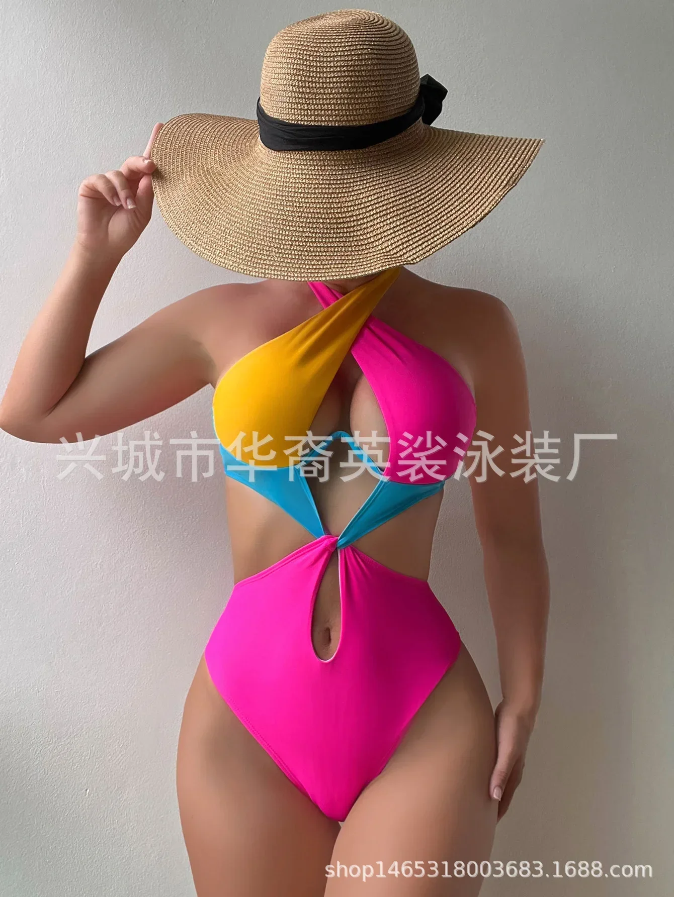 Sexy Constrast Color Swimwear Women Halter Cross Underwire Cut Out One Piece Swimsuit Bathing Suit Hot  Patchwork Bikini