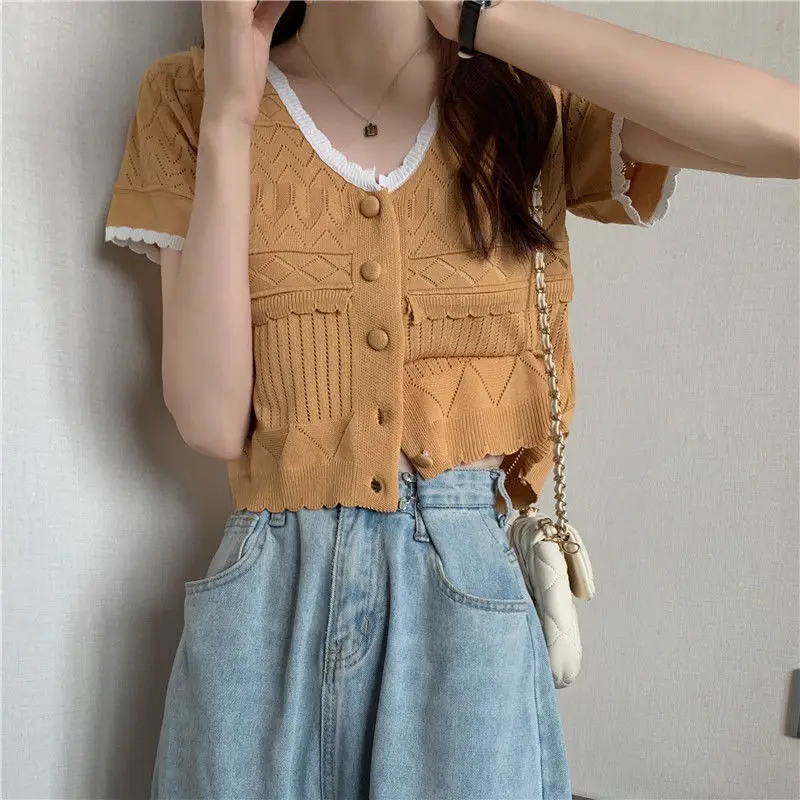 

Knitting T-shirts Women Crop Tops Youth Ulzzang Chic Ins Preppy Stylish Retro Basic Design Elegant футболка Patchwork Sweet Sexy