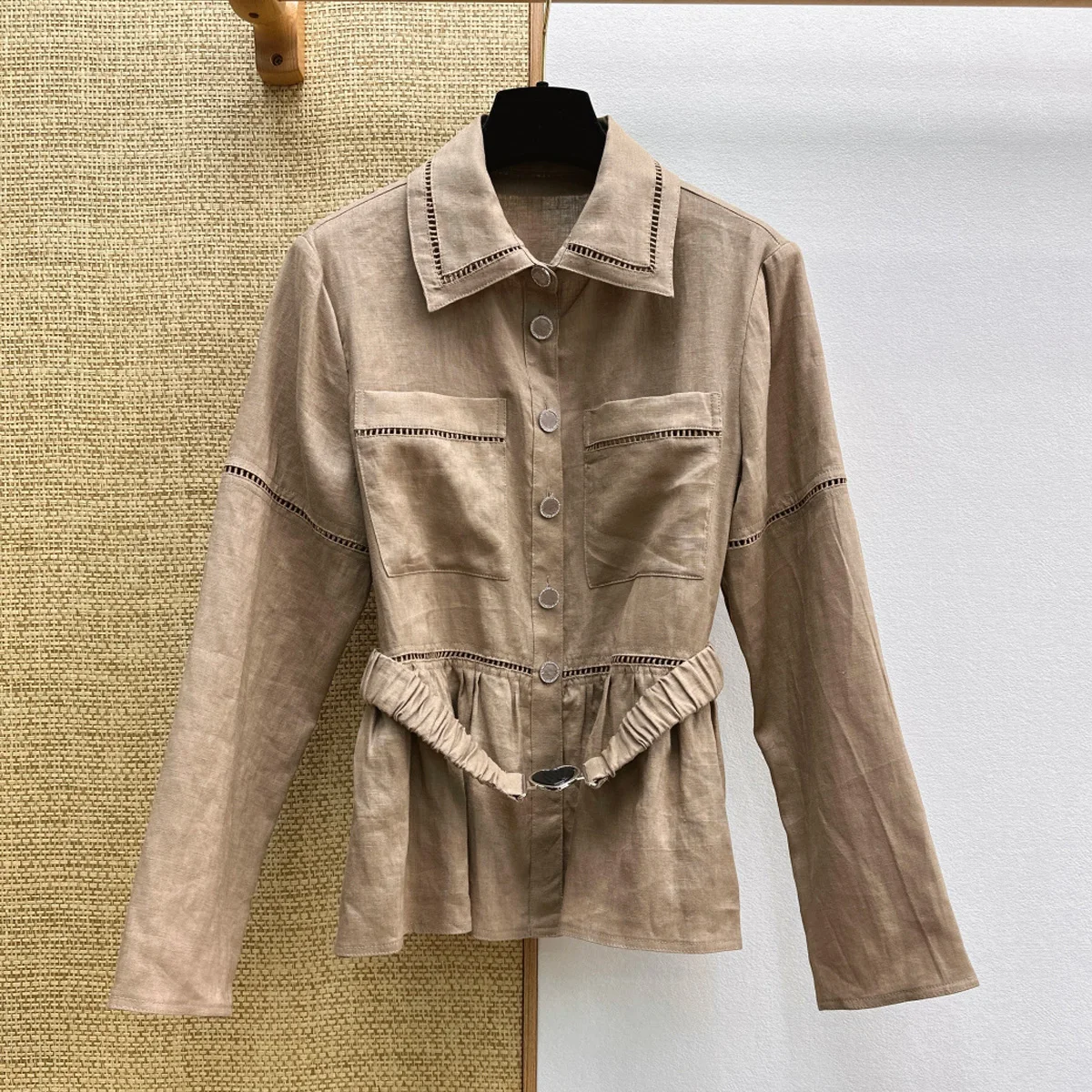 2026 Women Long Sleeve Peplum Shirt Heart Buckle Waist Belt Hollow Stitch Pocket Button Casual Top lyt26715114