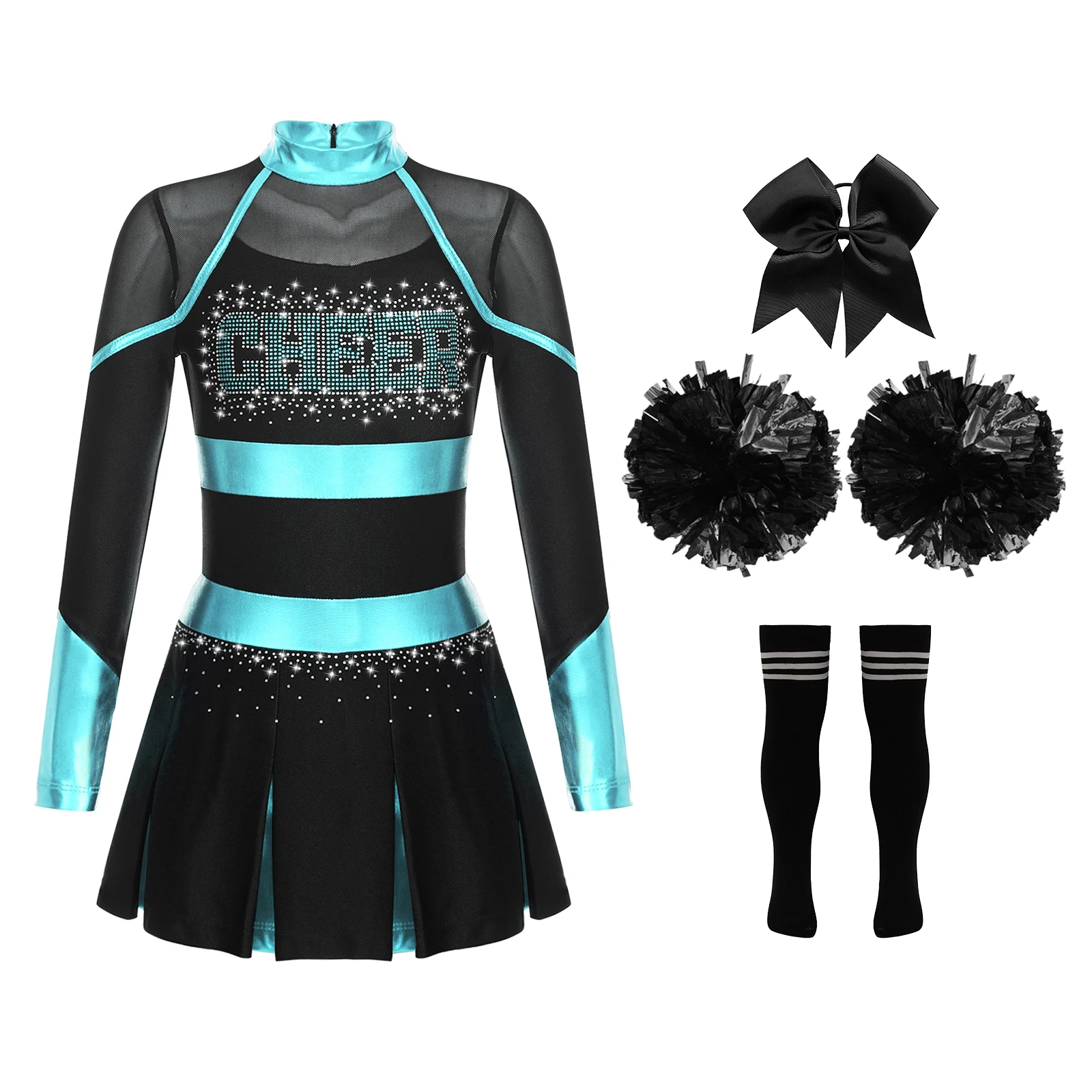 

Kids Girls 、Cheerleader Costume Outfit Long Sleeve Cheerleading Dress Up Uniform Cheer Leader Dress with Flower Balls Set