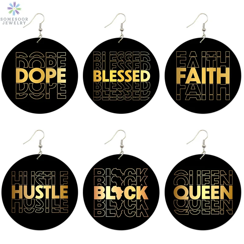 SOMESOOR Inspired Sayings Women Wooden Drop Earrings Black Blessed Dope Queen Faith BABE Hustle Squad Big Circle Dangle Jewelry