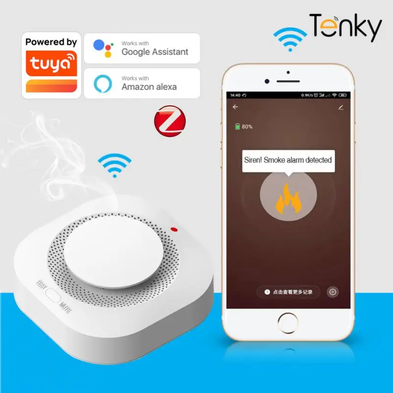 Tuya-Detector de humo Zigbee/WiFi, alarma inteligente de 80DB, protección contra incendios, alarma de seguridad, Control de vida inteligente