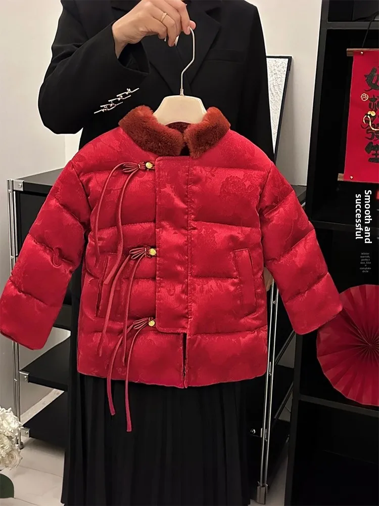 

Girls Cotton Padded Jaet Embroidered Tassel Hood Winter Warm Faionable Baby New Year Visit Clothing Traditional Tang Suit