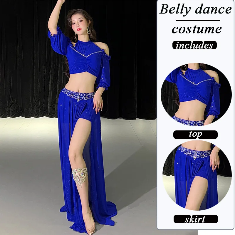 Belly Dance Costume Set for Women Gauze Half Sleeves Top+senior AB Stones Split Skirt 2pcs Adult Oriental Bellydance Outfit