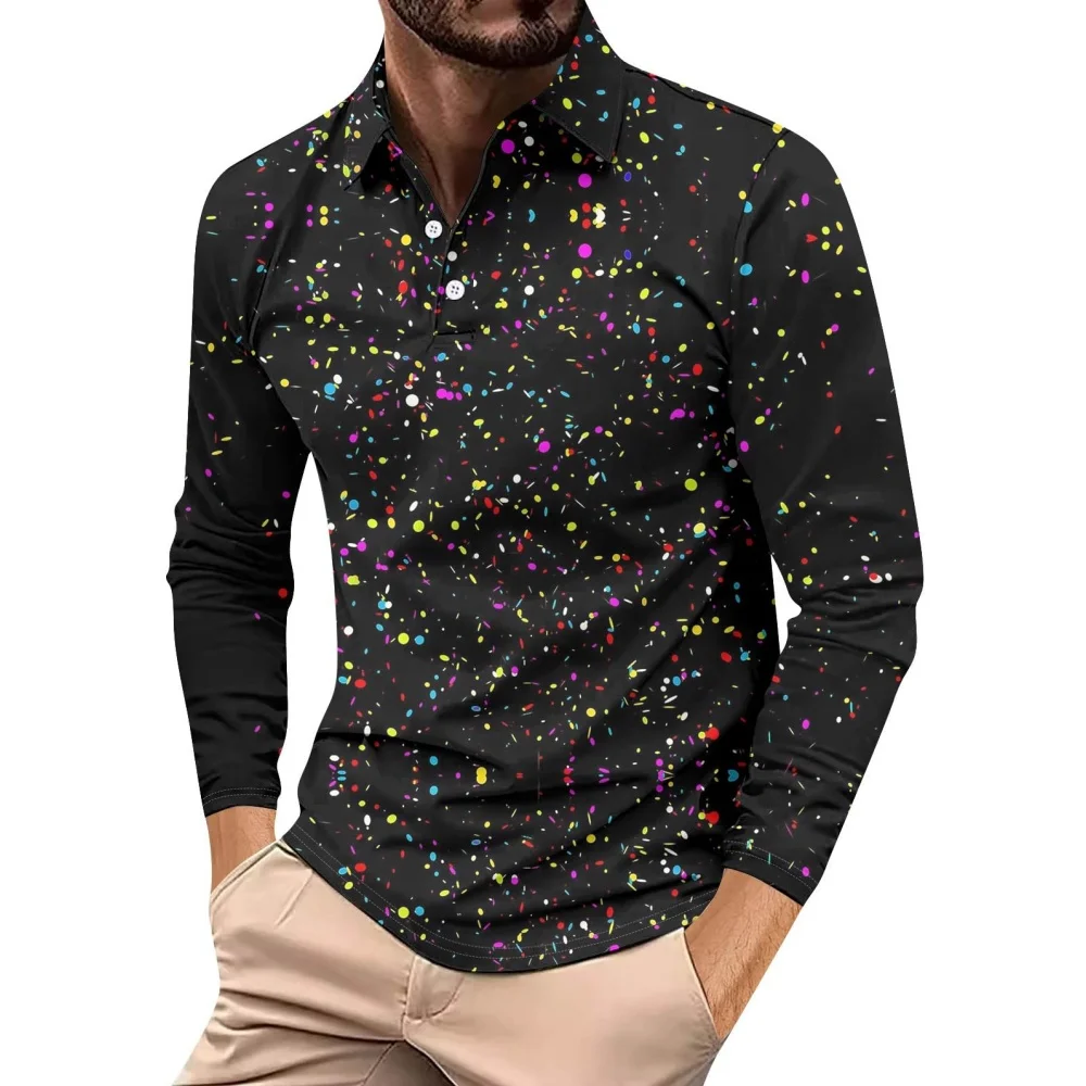 

Geometric Print Golf Men Long Sleeve Polo T-Shirt Cool Street Lapel Golf T-Shirt Men Tops Fashion Sports Buttons Men's Clothing