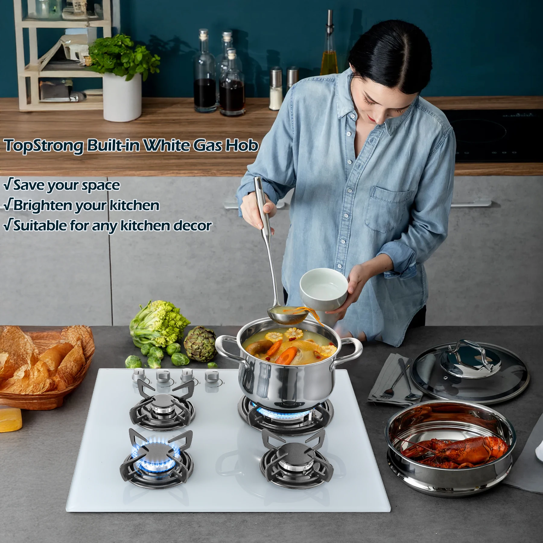 4 شعلات زجاجية سيراميك مدمجة في غاز البروبان الطبيعي موقد غاز أبيض جديد #6