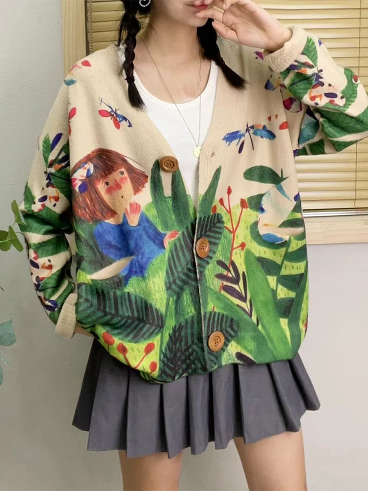 Max LuLu 2023 Winter Ladies Fashion Loose Printed Cardigans Womens Casual Cartoon Warm V Neck Sweaters Luxury Big Size Knitwear