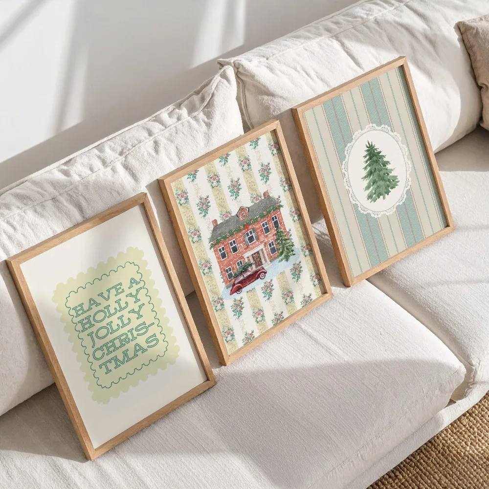Frameless Retro Christmas Wall Art,Cottagecore Holiday Winter Printing,Nostalgic Christmas Decor,Green Beige Christmas Printable