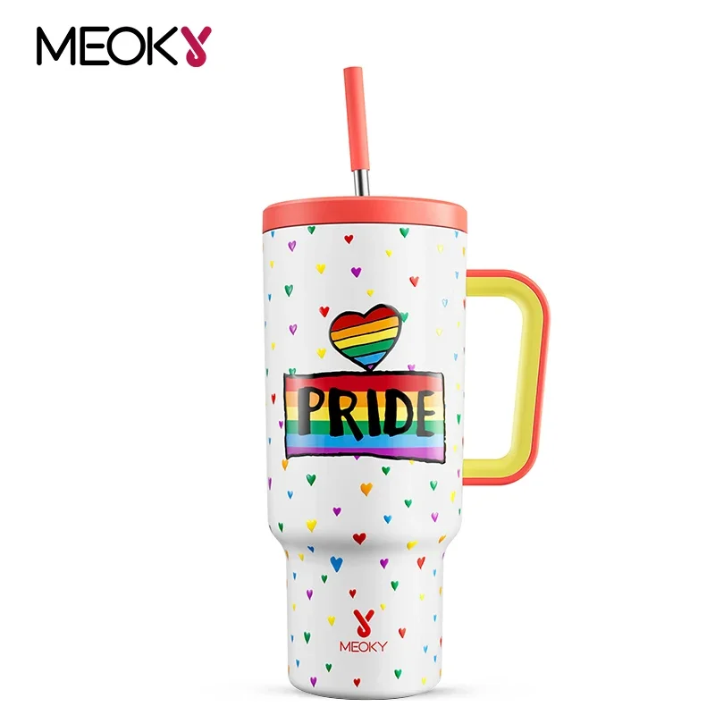 

Meoky 40oz Tumbler Handle Straw Non-Slip Base Coffee Cup Potable Pride Month Ice Cold Leak-proof Vacuum Thermal Water Bottle