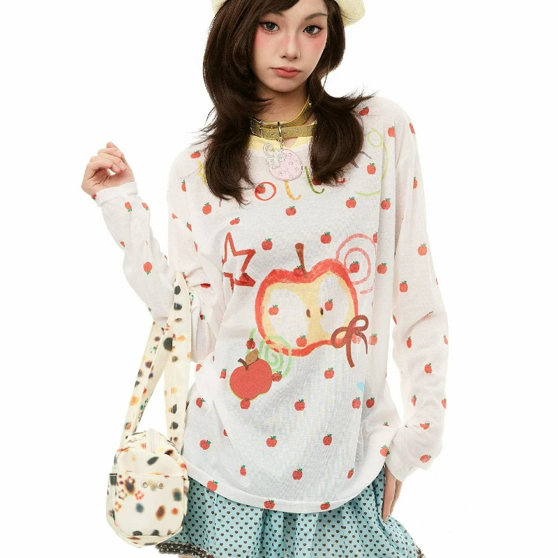 Original Design Polka Dot Fruit Print Women's Long-sleeved T-shirt 2026 Summer New Loose Casual Age-reducing Smock Top Ladies