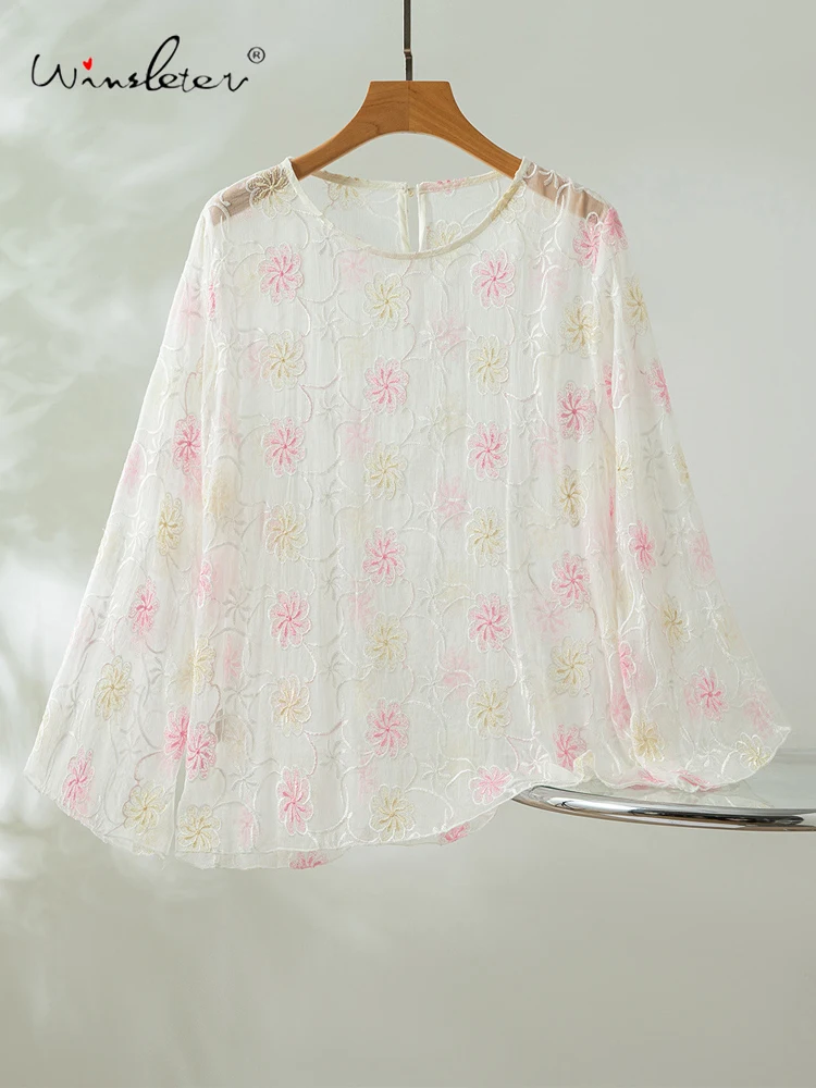 

Winsleter-Silk Elegant T-Shirt, Long Sleeve Floral Embroidery, Women Beach Vacation Sunscreen Sheer Top, 2026 Summer T65640CC