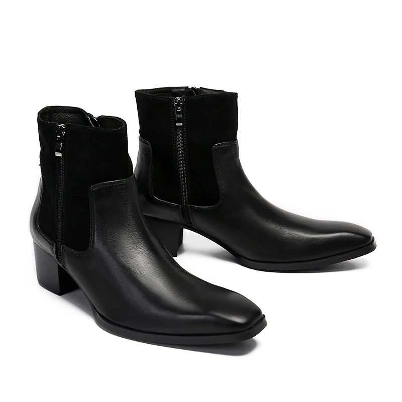 Spring Man High Boots Thick Heel Fashion boots Square head Patent Leather Bare Boots Chelsea Short Men\'s Boots