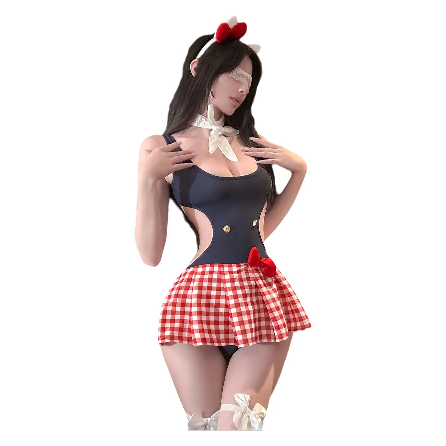 

Cute Cat Sexy For Women Buttocks Sensual Uniform Backless Deep V Sleeveless Polka Dot Print Dress With Bowknot Dress Sweet NSI6