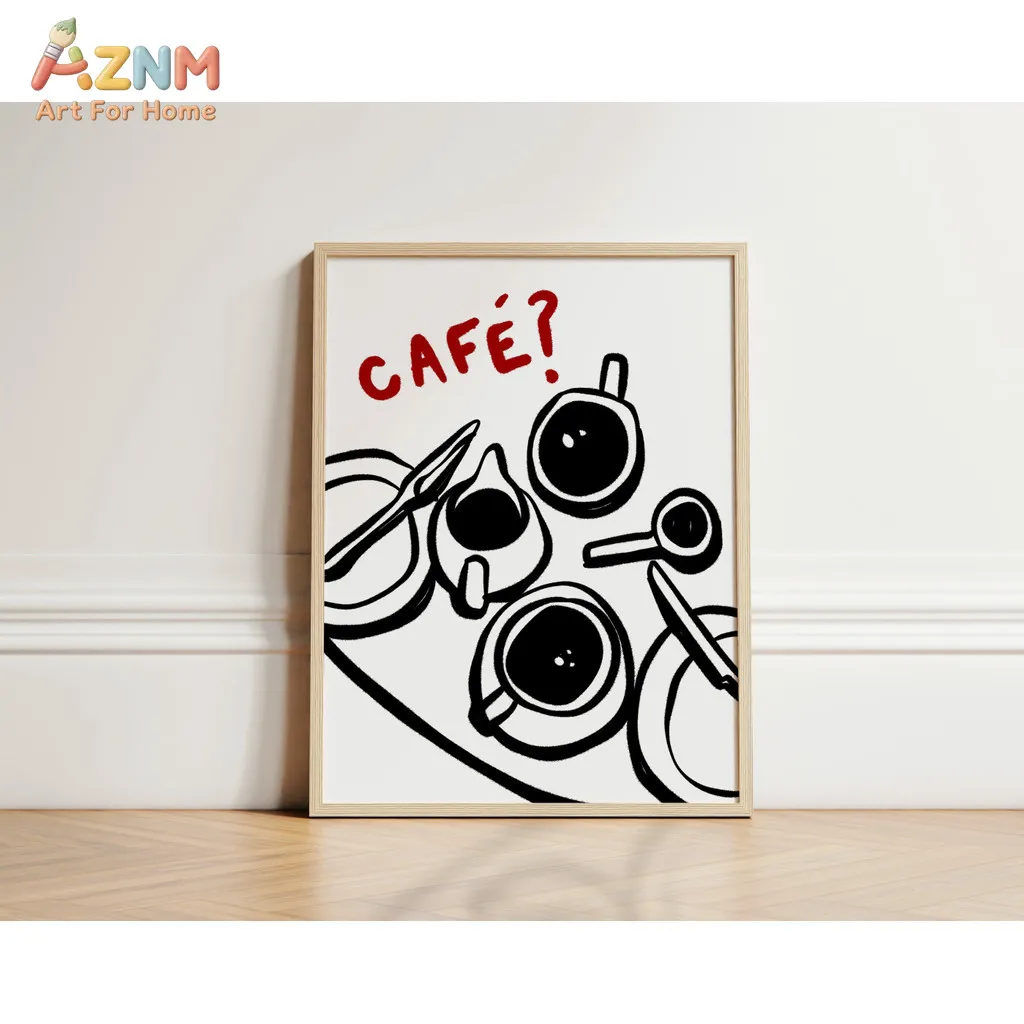 AZNM Retro Coffee Cafe Canvas Wall Art Moka Pot Hand Drawn Typography Kitchen Breakfast Bar Aesthetic Unframed Canvas Poster