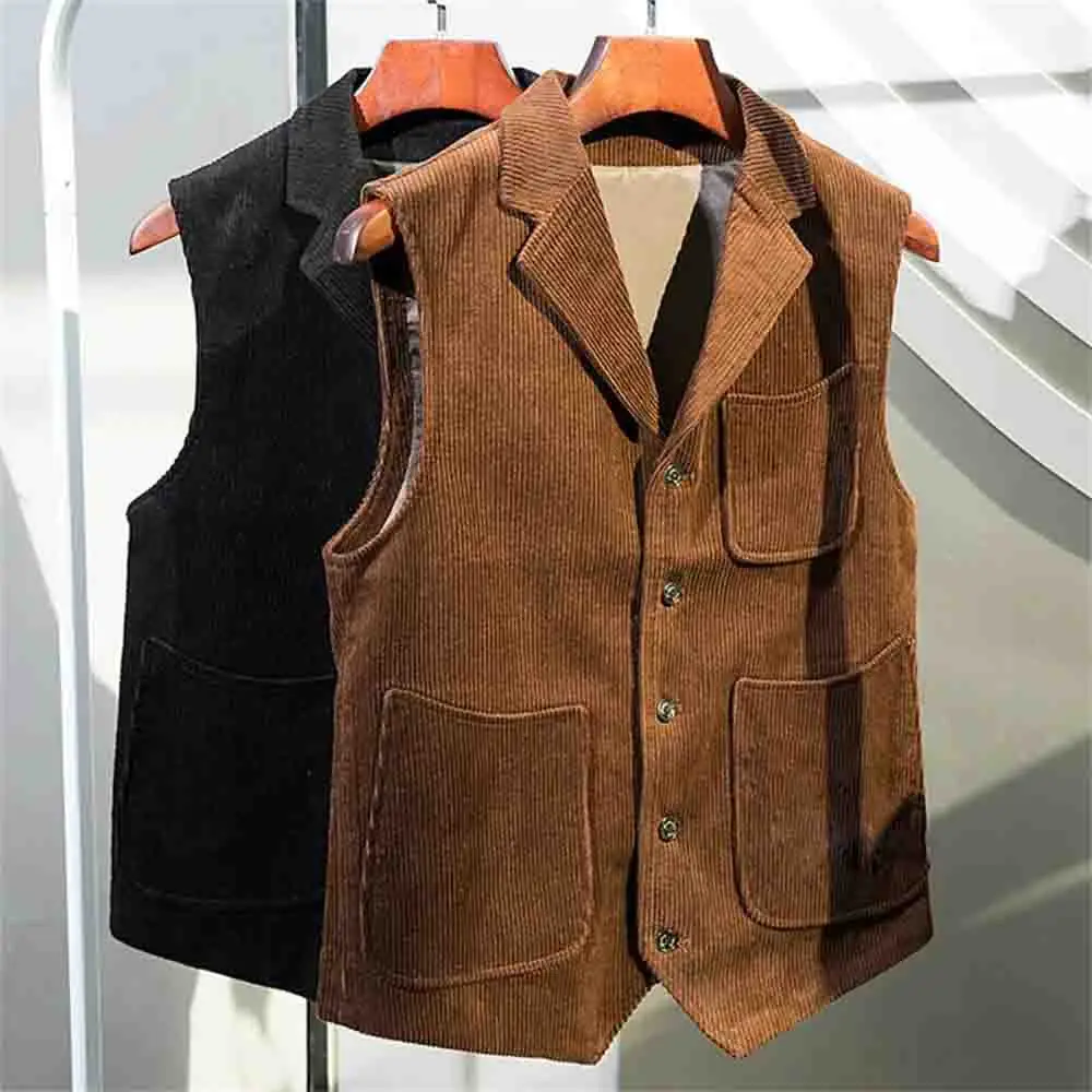 

Corduroy Men Vest Cotton Pockets Light Brown Notched Lapel Solid Color New Style Gilet For Male Clothing жилетка