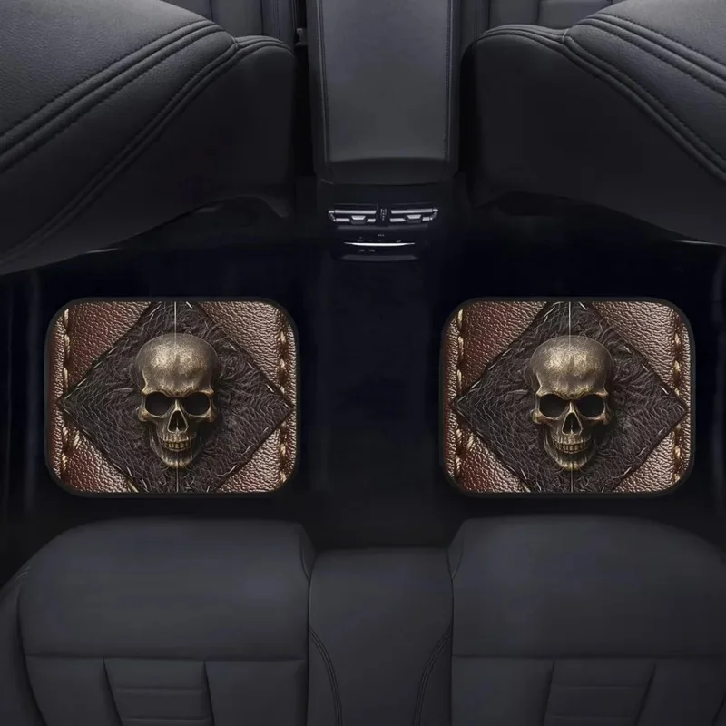 Set Of 4 Car Floor Mats Designed For Both Men And Women, Featuring A Skull Print. These Heavy-Duty Mats Come With Rubber Backing