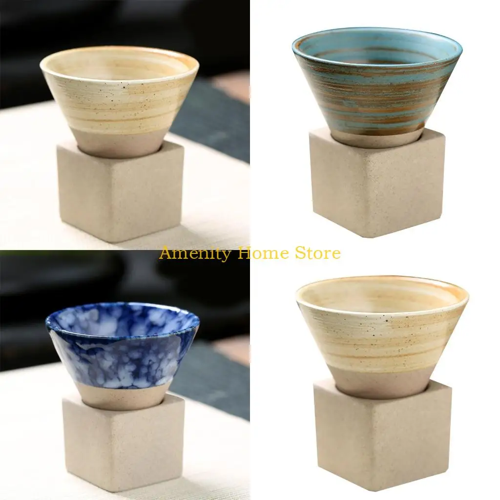 F26C Vintage Ceramic Coffee Mugs Rough Pottery Tea-Cup Japanese Latte Pull Flower Cup
