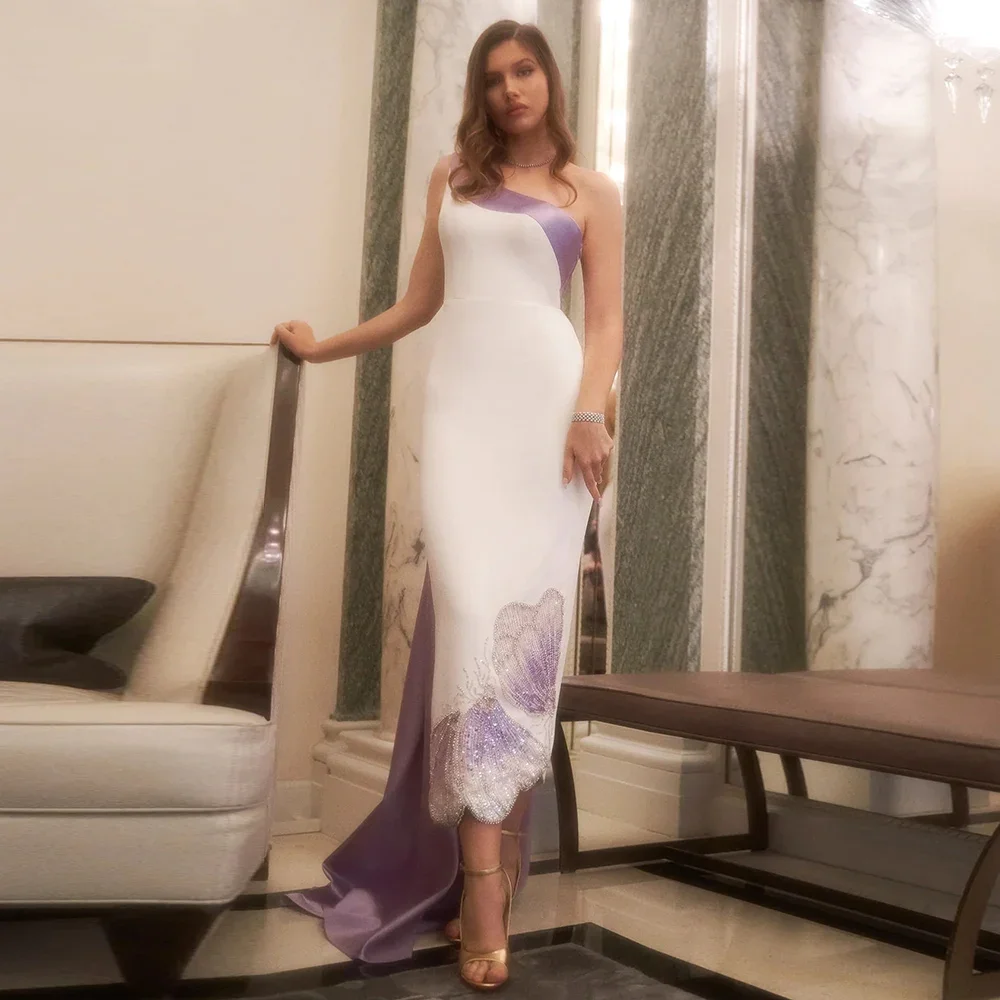 Vestidos de Noche de lujo con mariposa Lila blanca de Dubái para mujer, vestido de fiesta Formal por debajo de la rodilla árabe de boda con un hombro Scz206