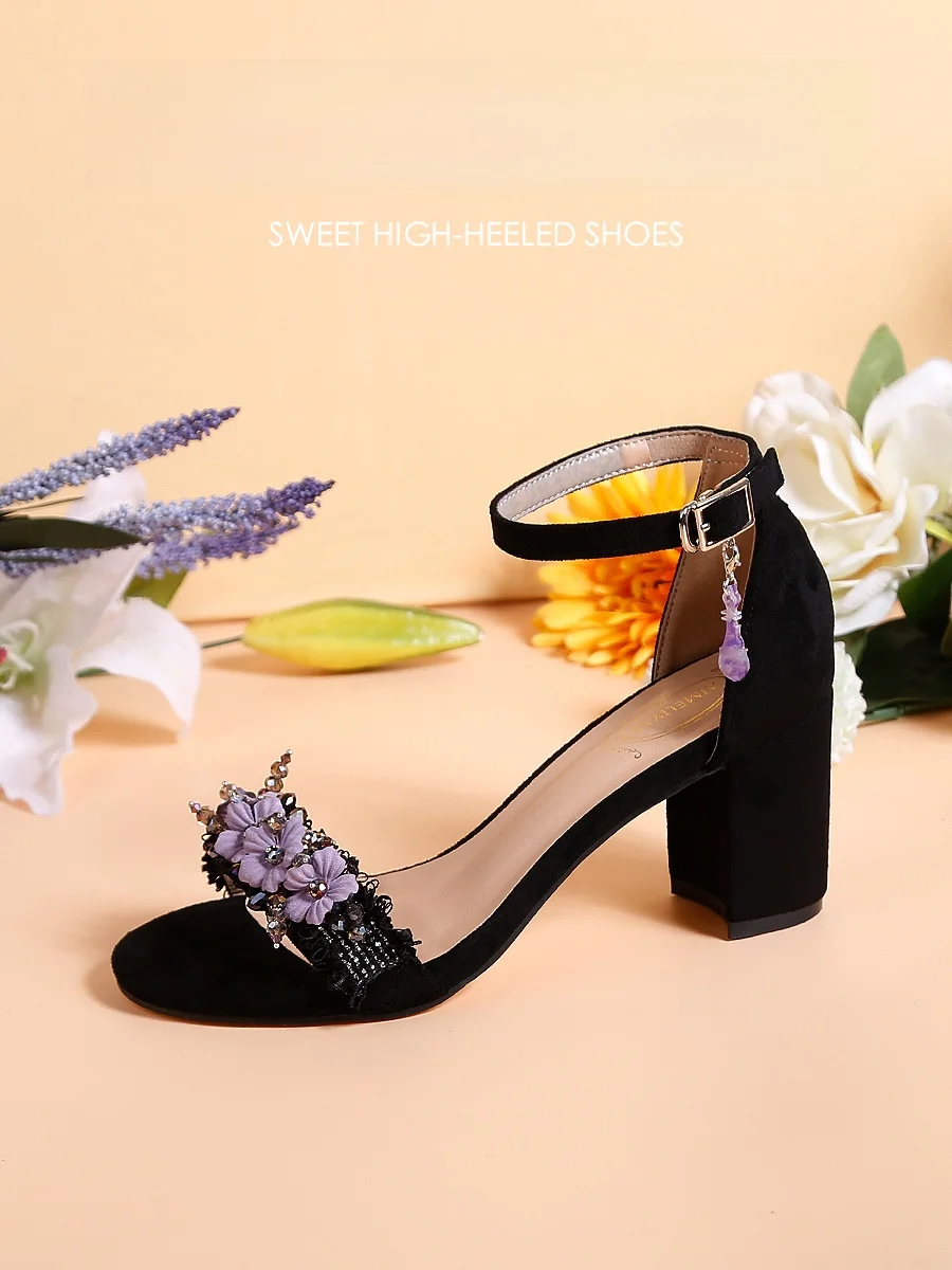 

Bla Velvet Open-Toe Thi Heel Women's Sandals Purple Flower Crystal New Chinese Retro National Sle Match Qipao Summer