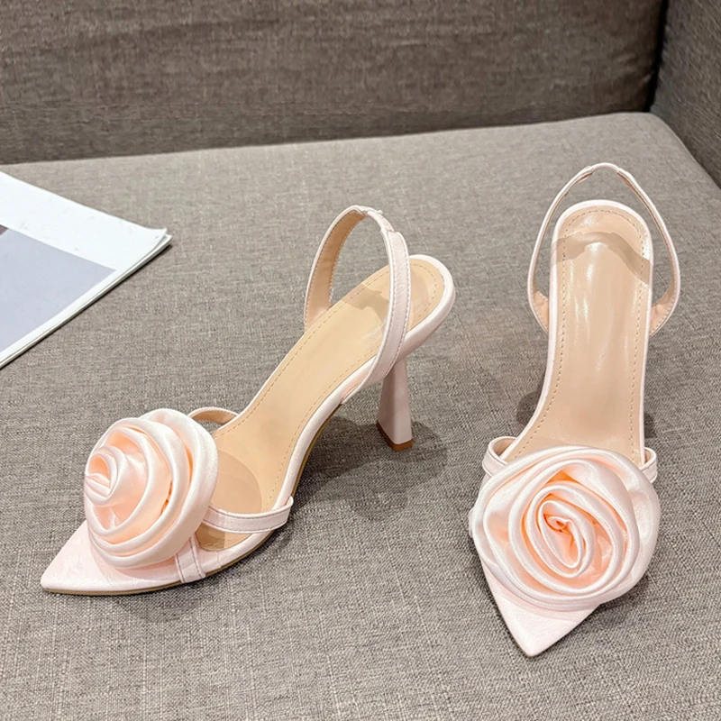 Liyke Summer Fashion Silk Rose Flowers Pointed Open Toe Back Strap Sandals Women Red High Heels Wedding Prom Shoes Zapatos Mujer