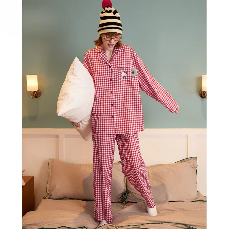 

Sanrio Hello Kitty Silk Pajamas Women's Autumn Cotton Long Sleeve Trousers Casual Women's Pajamas Homewear Pajamas Pants Set