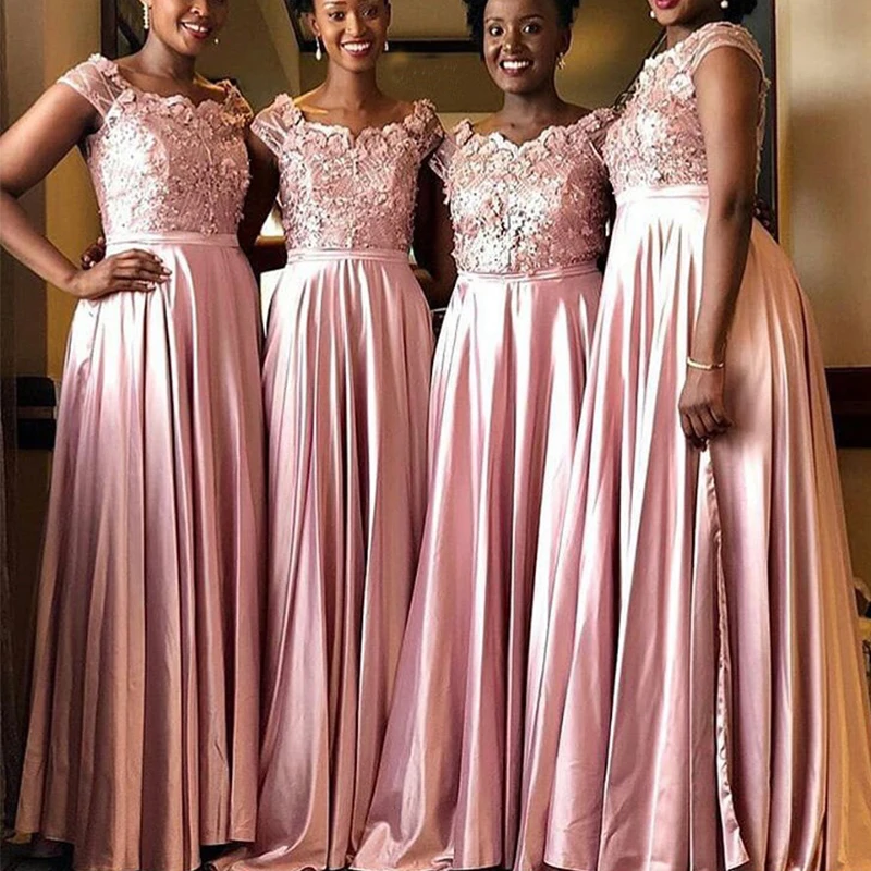 

Blush Pink African Bridesmaid Dress 3D Appliques Beaded Elastic Satin Long Robe De Soiree Cap Sleeles Maid Of Honor Party Dress