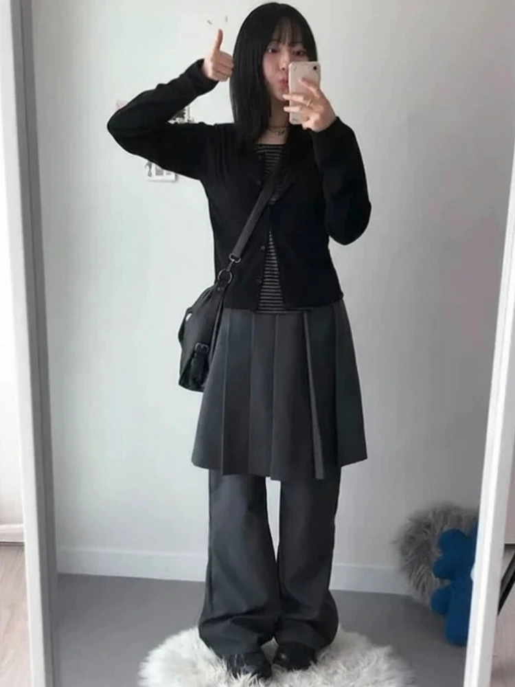 الرجعية اليابانية Sle مطوي تنورة وهمية قطعتين فضفاض سراويل تقليدية عالية الخصر بنطال ذو قصة أرجل واسعة السيدات عادية Faion