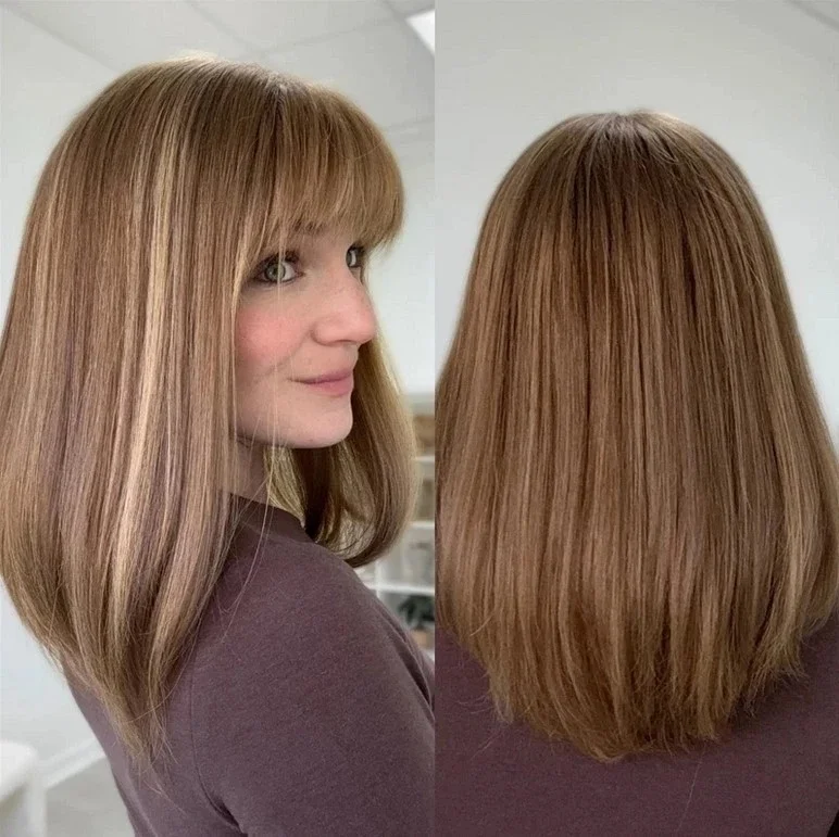 

Luxury Shoulder Natural Straight Synthetic Lace Top Wigs For Women Middle Chestnut Brown Women's Wig With Bangs Daily Party Use