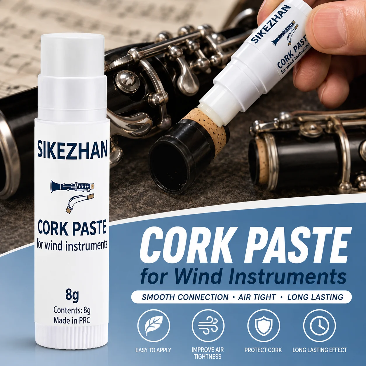 8g SIKEZHAN Grasa para Corcho de Instrumentos de Viento, Lubricante en Barra para Saxofón, Clarinete, Oboe, Fagot, Accesorios para el Cuidado de Instrumentos