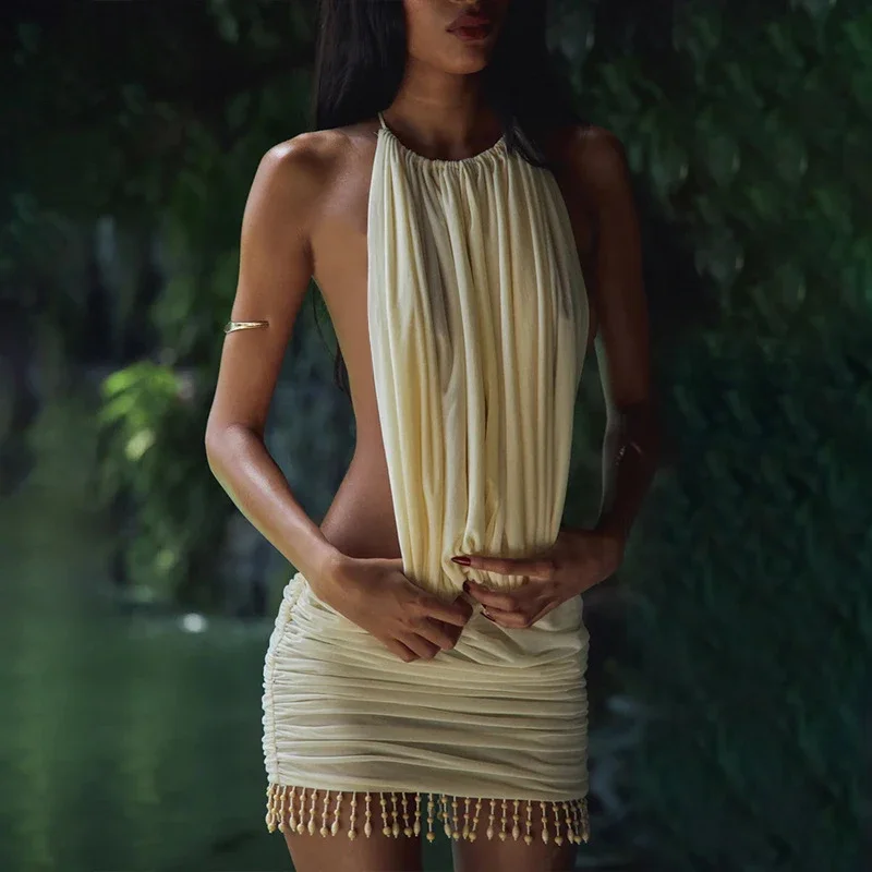 

Hot Girl Sleeveless Big Backless Halter Dress Summer New Solid Color Slim Vacation Dress Elegant Ruffles Tassel Hem Short Dress