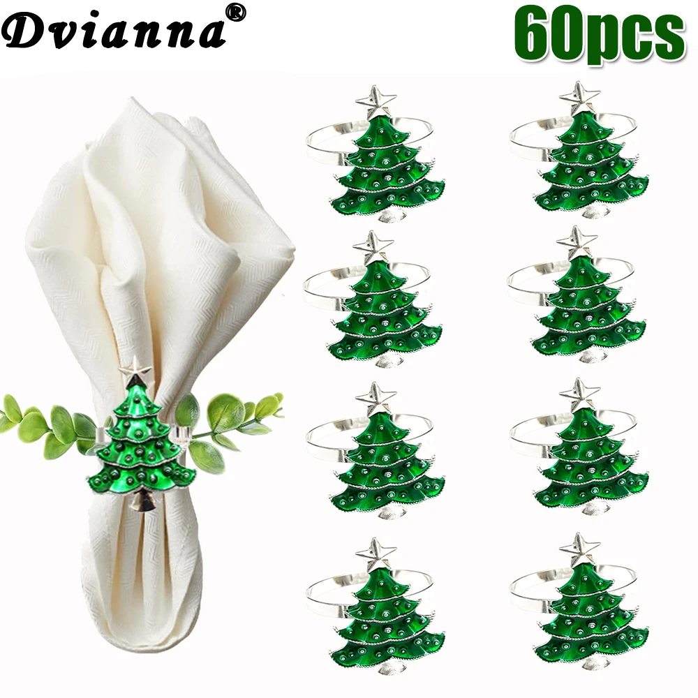 60Pcs Silver Christmas Tree Napkin Rings Holder Metal Xmas Napkin Buckle for New Year Wedding Dinner Party Table Decoration