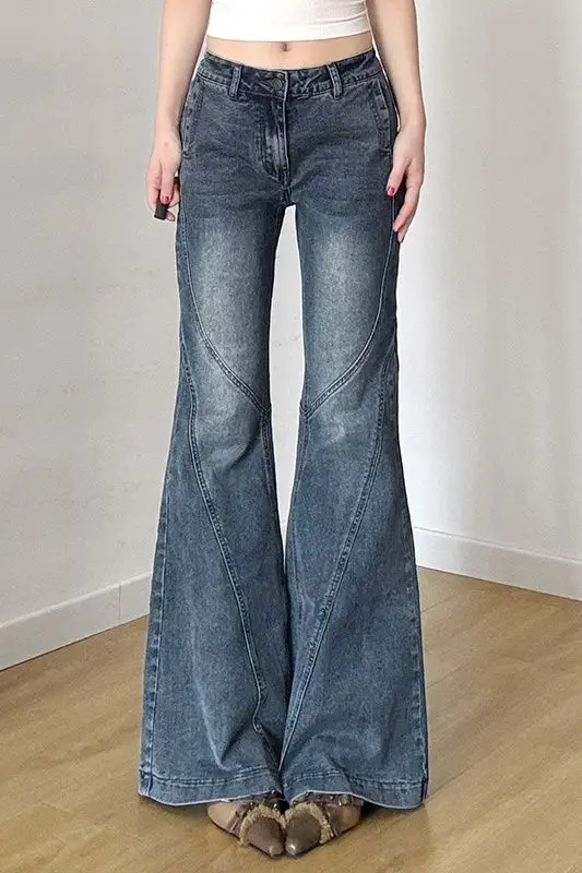 

2025 American Basic Washed Flared Jeans for Women Low Waist Slim Fit Hot Girl Style with Seam Detail Bell Bottom Pants Fashion