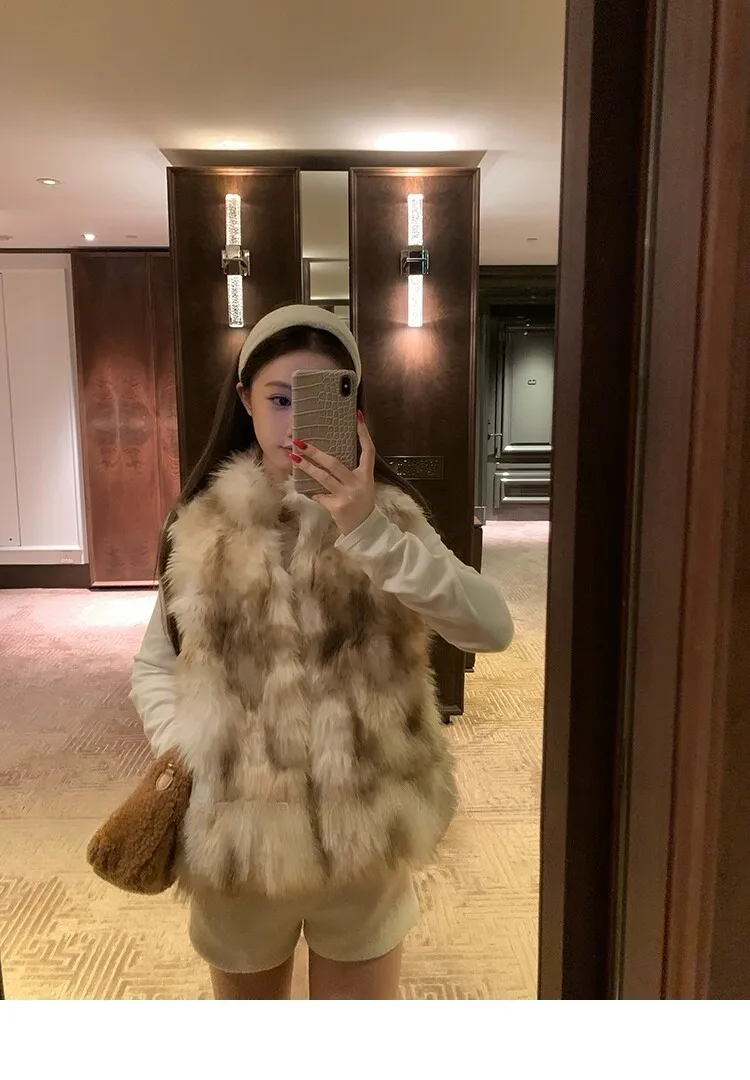 Autumn Winter Gradually Changing Color Faux Fox Fur Sleeveless Coat Stand Collar Hairy Shaggy Waistcoat Loose Short Outerwear