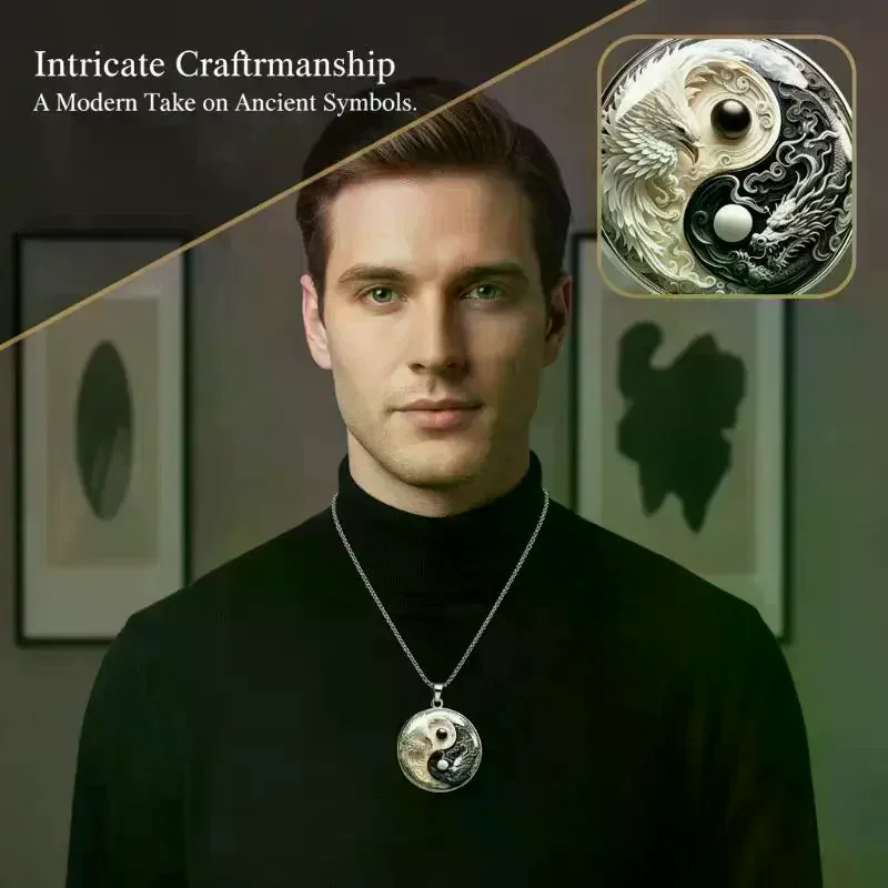 Fashion Glass Time Gem White Phoenix Dragon Talisman Keychain Yin Yang Fish Round Glass Pendant DIY Necklace Party Gift