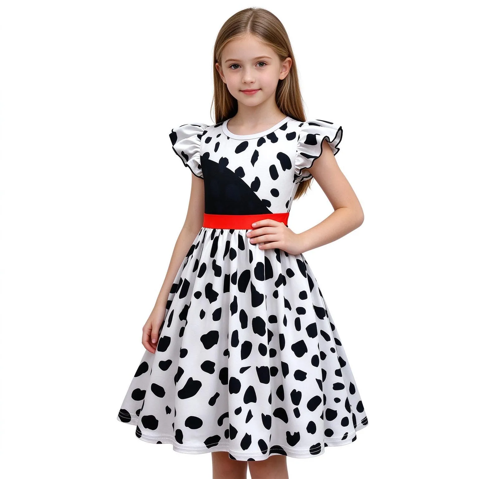 Girls Cruella Inspired Dalmatian Print Dress Fly Sleeve A-line Dress Big Kids Costume Halloween Birthday Party Cosplay Outfit