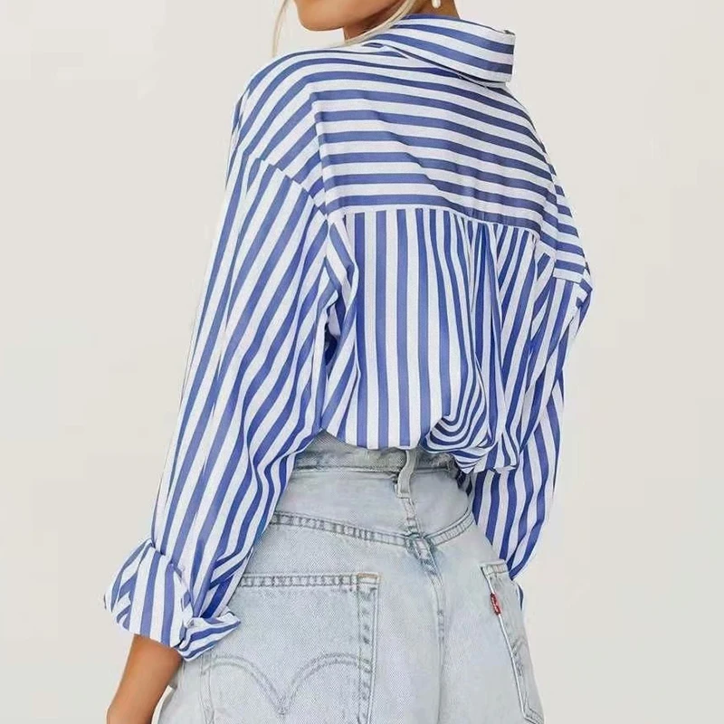 2024 Autumn New Korean Style Loose Casual Free Size Small Fresh Vertical Blue Striped Long-Sleeved Shirt Ladies With Coat Blouse