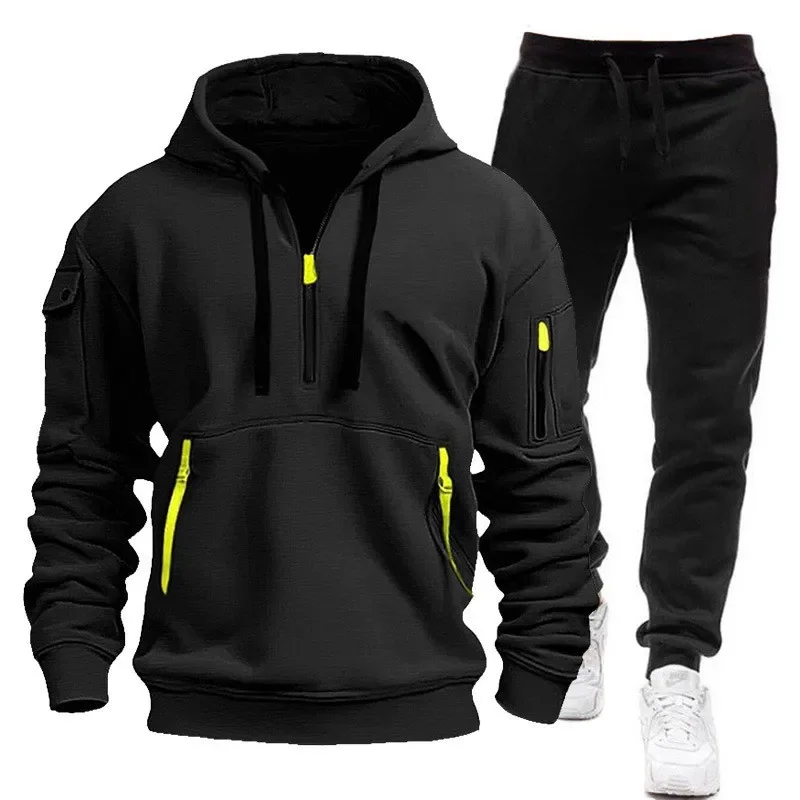 

2025 New Winter Men's Zippered Hooded Jacket & Pants Set, Unisex Warm Tracksuit, Plus Size Casual Sportswear Outdoor