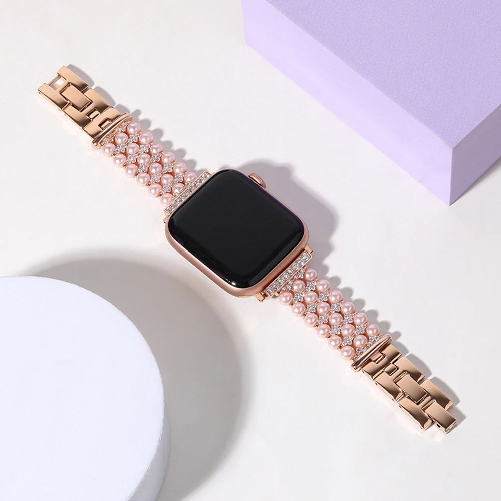 Pearl + Metal Strap for Apple Watch Ultra Band 876543SE Replacement Wristband for iWatch Series 49mm 45mm 41mm 44mm 40mm 42 38mm