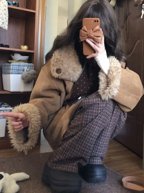 

Ретро-куртка из овечьей шерсти, модное пальто для невысоких женщин, осень 2026, премиум-качество, повседневная одежда