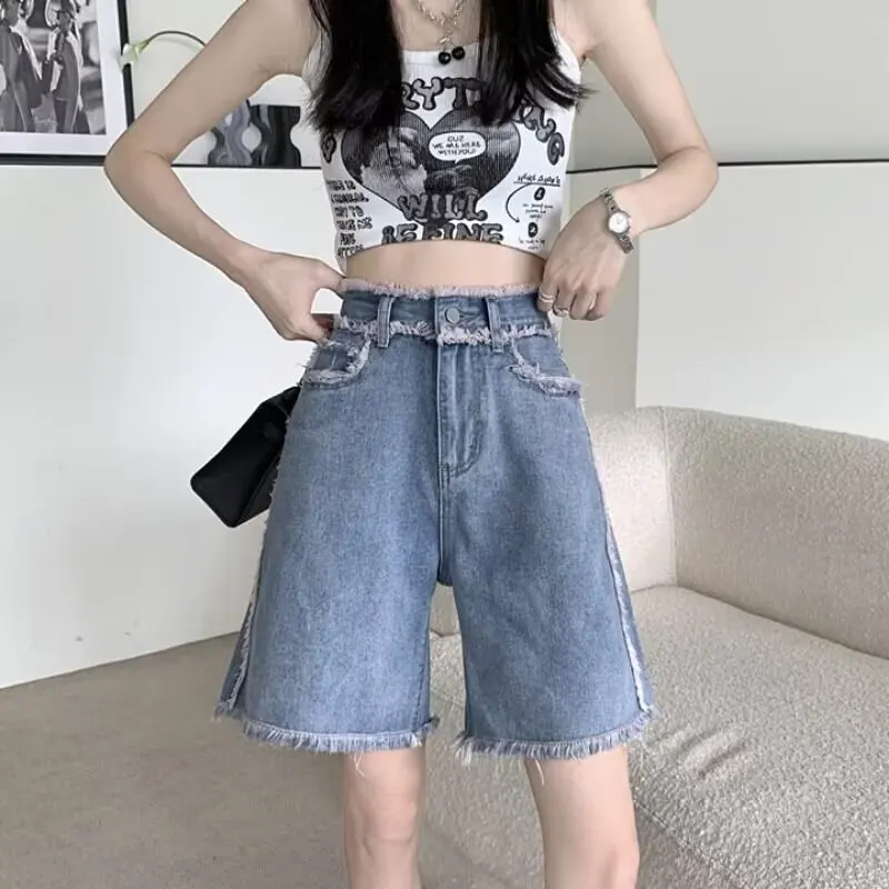 Korean Style Women's Denim Shorts 2026 Summer New High Waist Frayed Hem Straight Leg Casual Streetwear Pants
