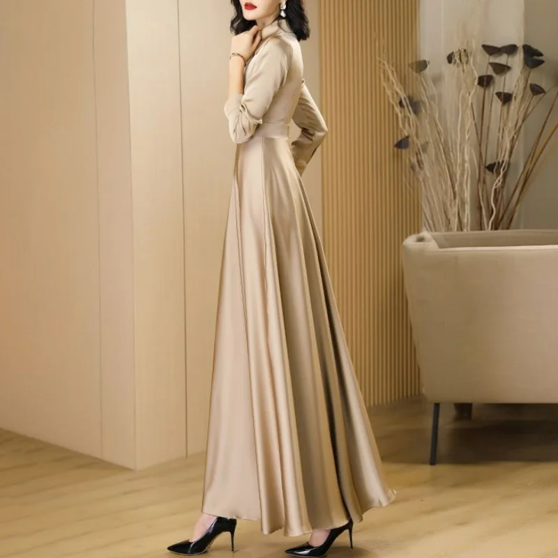 Autumn Large Swing Skirt Temperament Long Champagne Color Dress Polo Collar Button Slim Elegant Simple Waist Acetic Acid Dresses