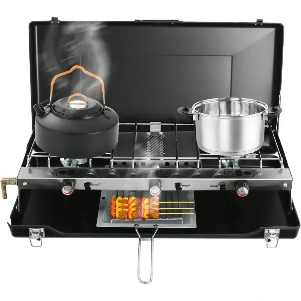 

LOYALHEARTDYBTG Camping Stove 3 Burner Portable Propane Stove With Griddle, Adjustable Burners, Windshield, Folding Camp Gas St