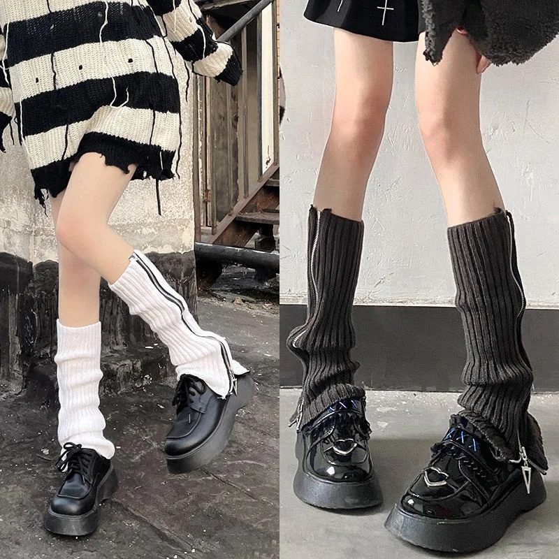 Women Punk Ribbed Knitted Leg Warmers Side Zipper Solid Color Boot Socks Knee High Lolita JK Leg Covers Winter Boot Cuffs Warmer