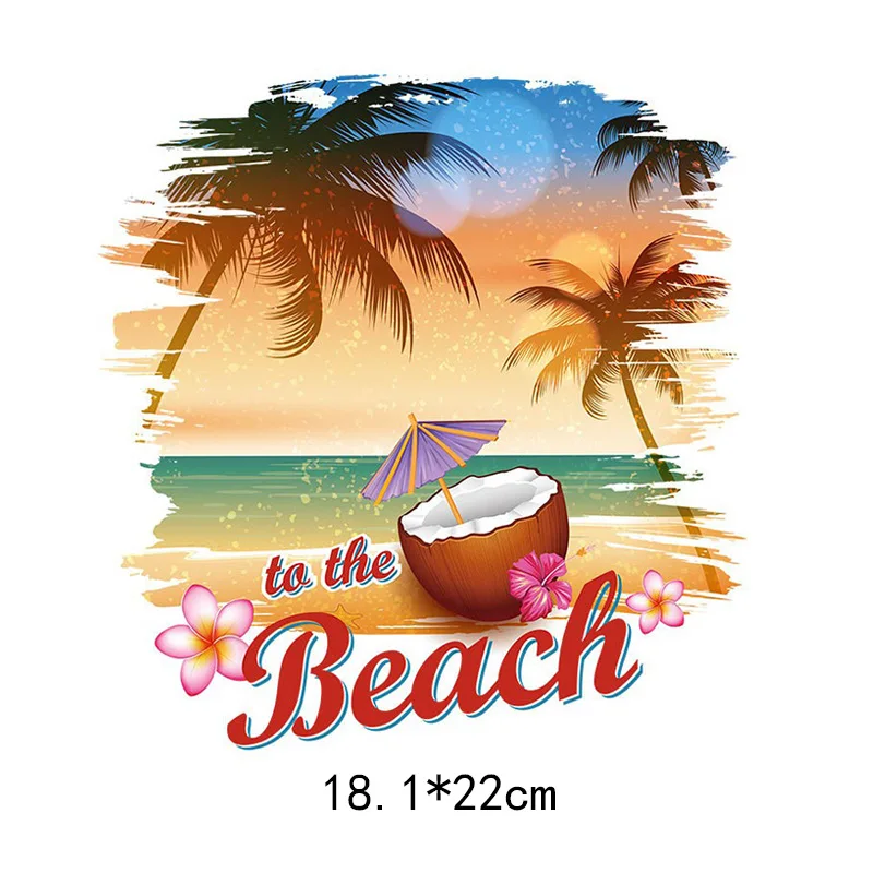 Hot stamping of summer beach scenery DTF Thermo Sticker Decals Heat Transfer Clothes Clothing Crafts Ironing Diy Accessory