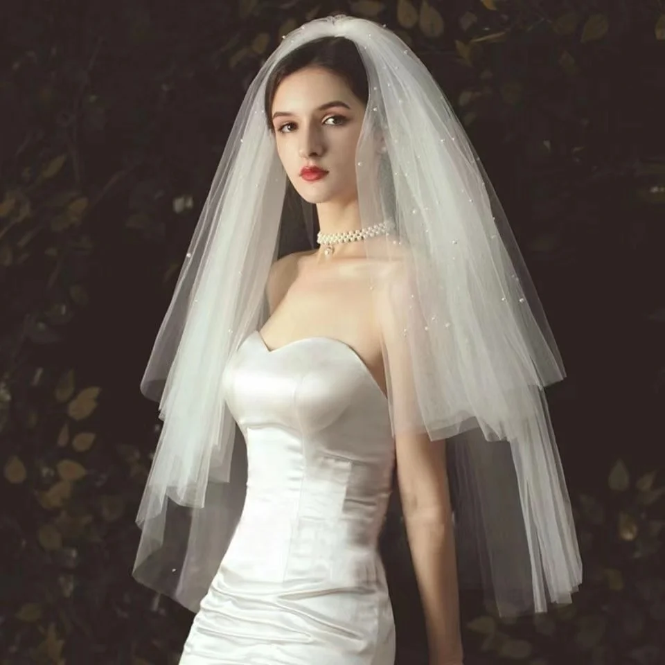 Elegant Pearl Beaded Wedding Veils Multi Layers Soft Tulle with Comb Bridal Fingertip Veil Marriage Accessories image 3